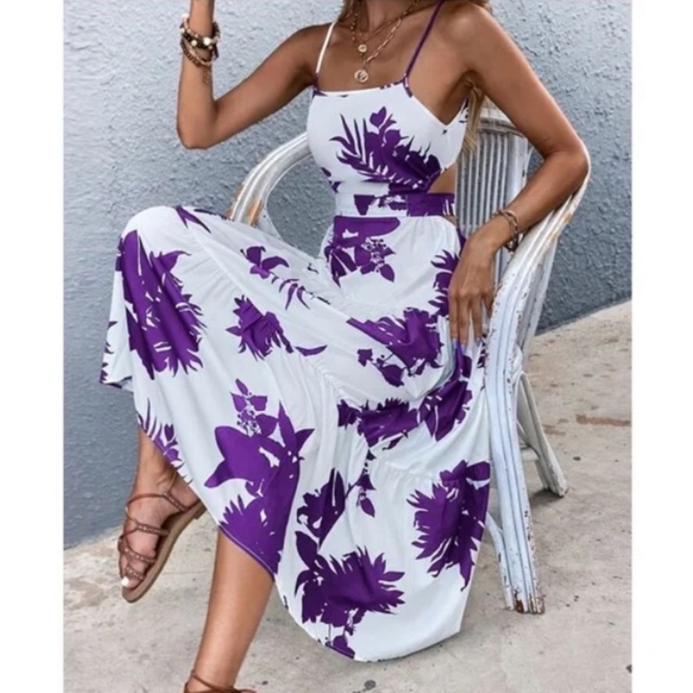 Boho Blue Floral Tropical Leaves Cut out Cami Ruffle Dress - Picture 2 of 11